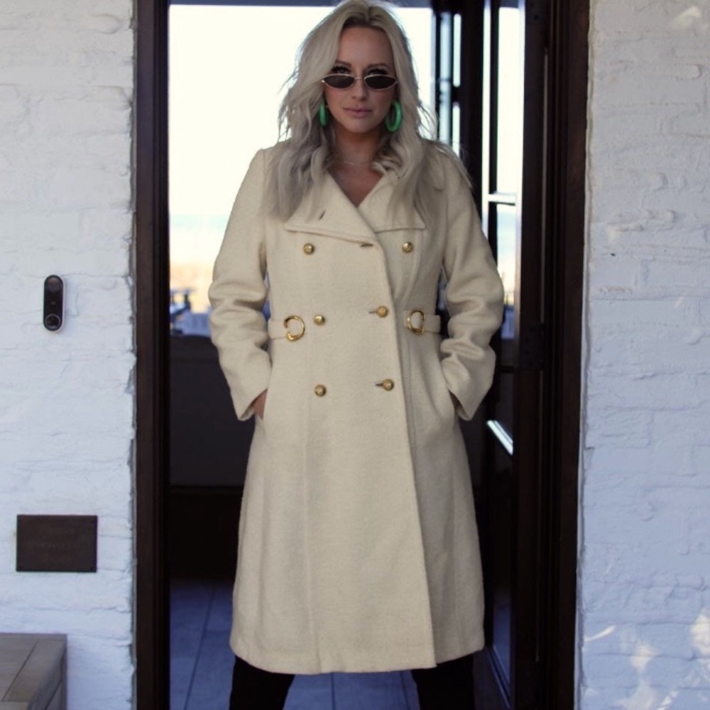 VTG I Magnin 1960s Double-Breasted Cream Coat, Union-Made, Luxe Gold Buckles